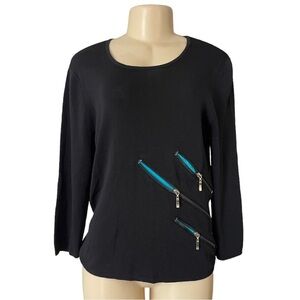 Carlucci Black Ribbed Knit‎ Front Zip Turquoise Accent Long Sleeve Top L
